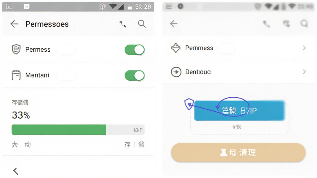 手机应用安装设置示意图,主体为安卓手机设置界面,布局为权限管理与存储空间页面,排版清晰,风格为系统设置界面风格,细节包含权限开关、存储占用条与清理按钮,画面干净整洁,画质高清,无多余元素