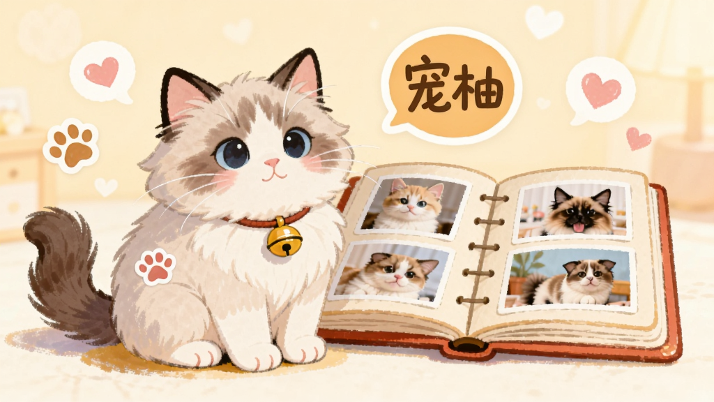 插画风格,主体为一只戴着小铃铛的布偶猫坐在相册本旁,相册中露出多张宠物照片,旁边有