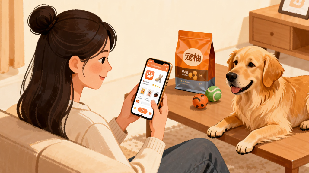 画面主体为一位年轻女性坐在沙发上用手机浏览宠物用品测评页面,身旁趴着一只金毛犬,茶几上摆放狗粮袋与玩具球,屏幕中可见