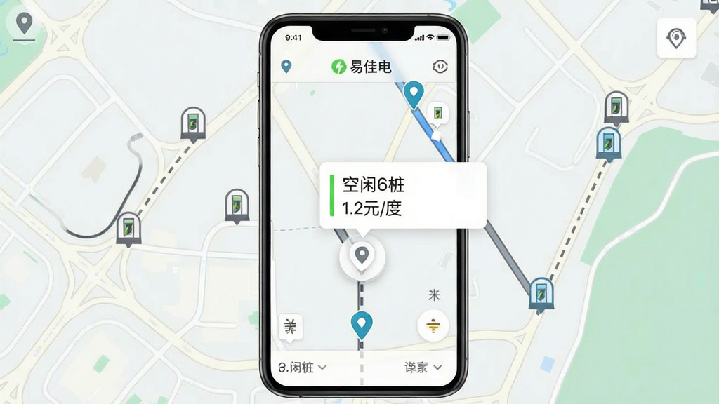 画面主体为一部竖屏手机展示地图界面,地图上散布多个充电站标记点,其中一个标记点被放大弹出信息卡片,卡片上写有“空闲6桩”与“1.2元/度”字样,布局为手机居中、地图铺满背景,风格为清爽的移动端UI展示图,细节包含定位图标、路线虚线、筛选按钮,画面中可出现“易佳电”文字标识于手机顶部状态栏,画质高清,干净简洁,无杂乱元素