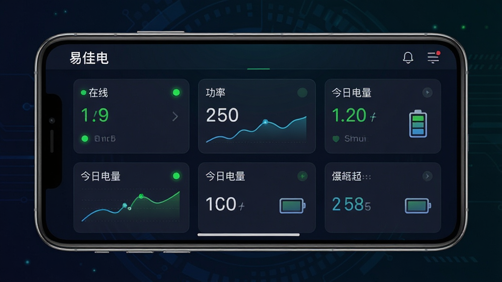 画面主体为一部手机横屏展示设备管理面板,面板上排列多个数据卡片,分别显示“在线”“功率”“今日电量”等指标,背景为深色科技感渐变,布局采用网格化卡片排列,风格为数据仪表盘视觉,细节包含绿色状态指示灯、折线趋势图、电池轮廓图标,画面中可出现“易佳电”文字于面板标题栏,画质精细,干净利落,无冗余装饰