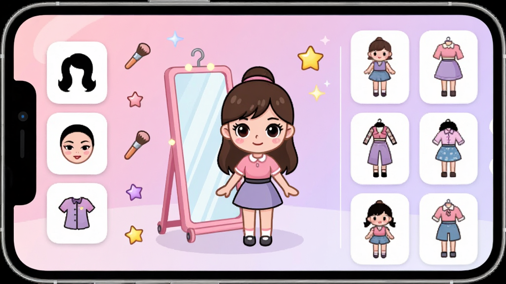 一张手机屏幕展示少女造型逆袭应用主界面,画面中央是一位卡通少女角色站在试衣镜前,左侧排列发型、妆容、服饰分类图标,右侧展示多套服装缩略图,背景为柔和粉色与浅紫色渐变,整体风格清新甜美,布局居中对称,细节包含衣架、化妆刷、星星装饰元素,画质清晰干净,无多余元素