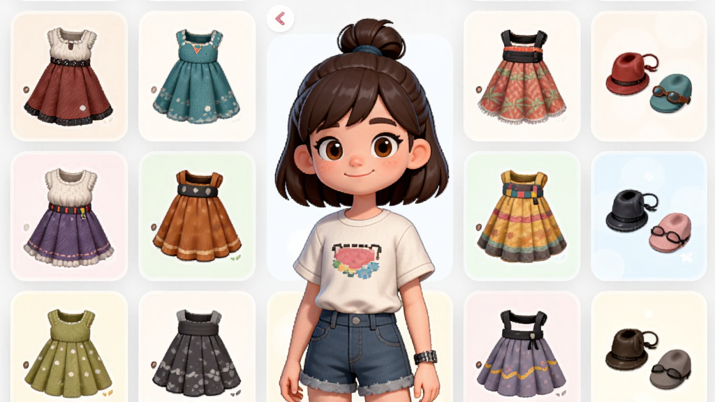 少女造型逆袭应用内服装选择界面,画面主体为一位卡通少女角色身着基础款服装,四周环绕多套风格不同的裙装与配饰缩略图,采用网格布局排列,风格活泼明快,细节展示衣物质感与颜色变化,画质清晰,干净整洁