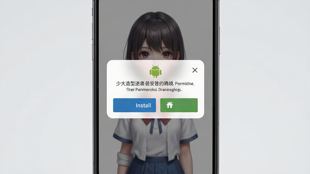 少女造型逆袭安卓手机安装界面示意图,画面展示手机屏幕弹出安装确认对话框,背景为简洁浅灰色,布局居中,风格写实清晰,细节包含安装按钮与权限提示文字,画质干净,无多余装饰