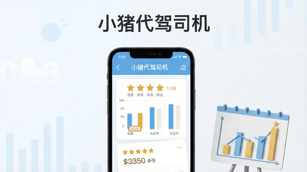 画面主体为手机屏幕展示“小猪代驾司机”收入统计页面与五星评价界面,屏幕旁放置一个简约的图表模型;布局为手机居中、图表模型置于右下角;排版上画面顶部居中书写“小猪代驾司机”字样;风格为扁平化数据可视化风格,色调以浅蓝、白色与金色星级为主;细节包括柱状图、数字金额、星级图标;画质高清,画面干净,无多余元素。