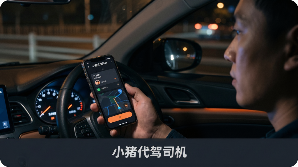 画面主体为夜间车内场景,一位代驾司机手持手机,手机屏幕显示“小猪代驾司机”深色夜间模式界面,界面内包含订单卡片与导航按钮;布局为司机侧脸与手机屏幕对角构图;排版上画面底部居中放置“小猪代驾司机”标识;风格为暗调写实风,色调以深灰、深蓝与橙色点缀为主;细节包括车内仪表盘微光、手机屏幕柔和亮度、夜间道路虚化背景;画质细腻,画面干净,无多余元素。