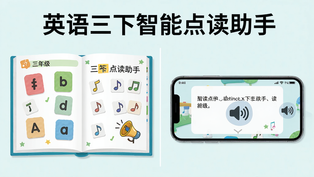 画面主体为一本翻开的三年级英语课本与一部横放的智能手机,手机屏幕显示点读软件的课文页面与扬声器图标,布局为左右分栏,左侧课本右侧手机,排版居中对称,风格为清新扁平插画风,细节包含彩色字母卡片、音符符号与卡通小喇叭,画质清晰干净无多余元素,图片上方写有文字“英语三下智能点读助手”