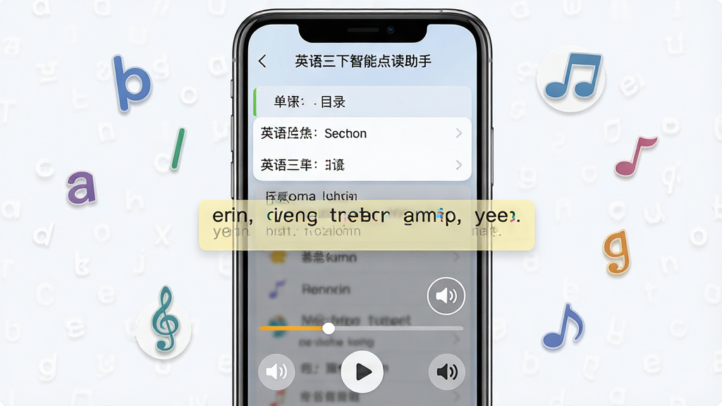 画面主体为手机屏幕特写,屏幕内展示英语课文点读界面,包含单元目录列表、句子高亮条与喇叭按钮,布局为竖屏手机居中放置,周围环绕悬浮的英文字母与音符图标,风格为现代UI界面展示风,细节包含进度条、播放按钮与音量图标,画质高清干净无多余元素,屏幕内文字写有“英语三下智能点读助手”