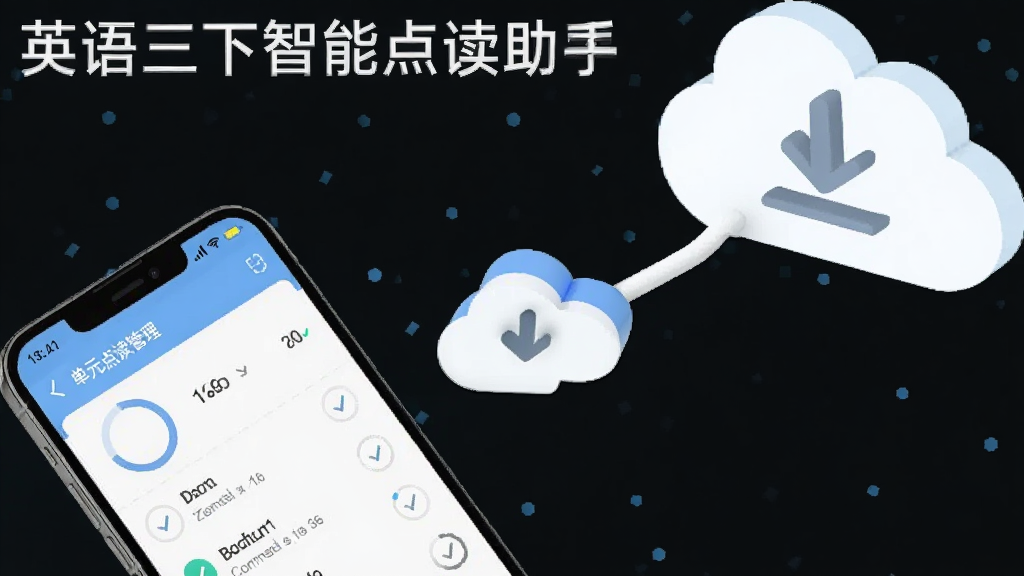 画面主体为一部手机与一个云朵下载图标相连,手机屏幕显示单元缓存管理列表,布局为对角线构图,手机位于左下云朵位于右上,风格为轻科技扁平风,细节包含进度环、对勾图标与存储容量数字,画质清晰干净无多余元素,图片中写有文字“英语三下智能点读助手”