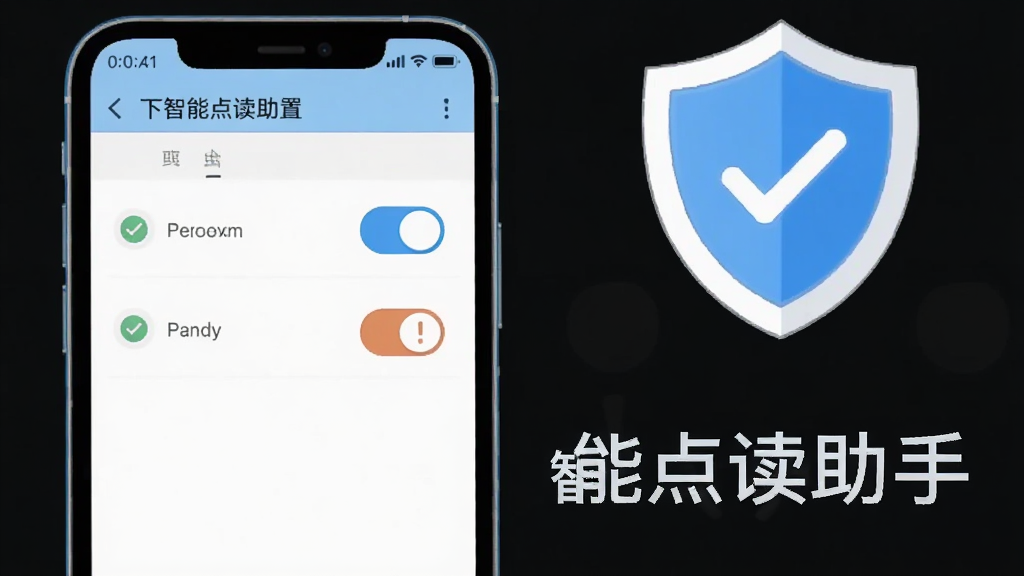 画面主体为一部智能手机屏幕显示权限设置页面与一个盾牌安全图标,布局为手机居中、盾牌位于右上角,风格为简洁说明图示风,细节包含权限开关滑块、对勾与感叹号图标,画质清晰干净无多余元素,图片中写有文字“英语三下智能点读助手”