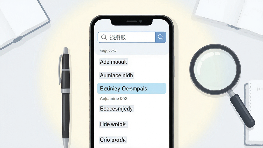 一张展示日常英语拿起就会中英对照查询功能的图片,主体为手机屏幕显示中文搜索框与匹配的英文句子列表,屏幕旁边有一支笔和一个放大镜道具,布局为手机居中、道具点缀两侧,风格为简洁现代的办公学习场景插画,细节包含清晰的文字排版、浅蓝色高亮选中的句子和柔和的背景光晕,画质干净清晰,无多余元素