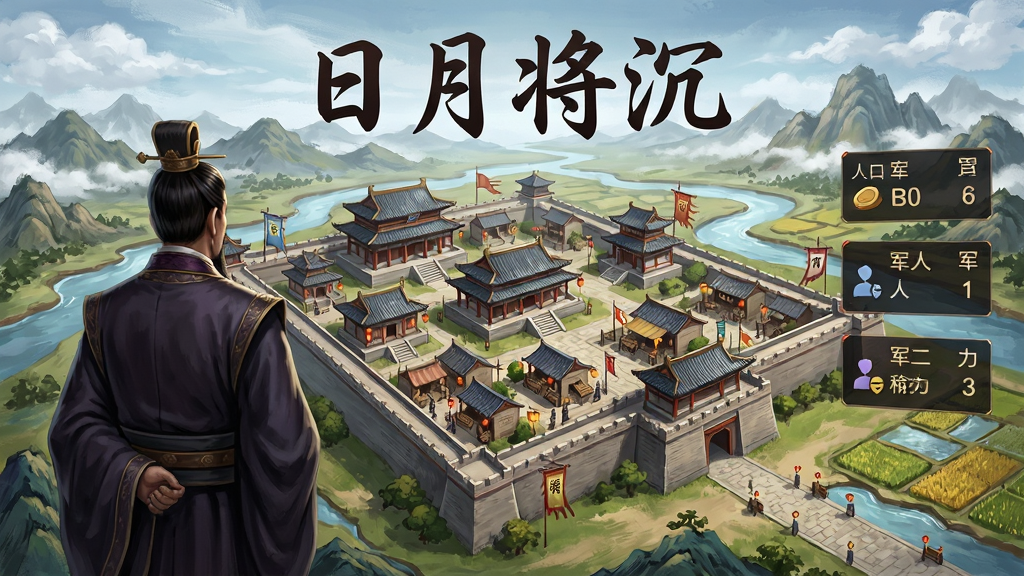 画面主体为一款古代王朝经营策略手游的宣传主视觉,中央是一座气势恢宏的古代城池俯瞰图,城墙、宫殿、街市层次分明,城池四周环绕山川河流与农田,画面左侧站立一位身着深色朝服的主事者背影,右侧漂浮着资源、人口、军力等数据面板,整体布局为横版游戏封面构图,风格为写实国风加轻厚涂质感,细节包含屋檐瓦片、旗帜、灯笼、远山云雾,画面上方居中书写“日月将沉”四个大字,画质清晰锐利,画面干净无多余元素