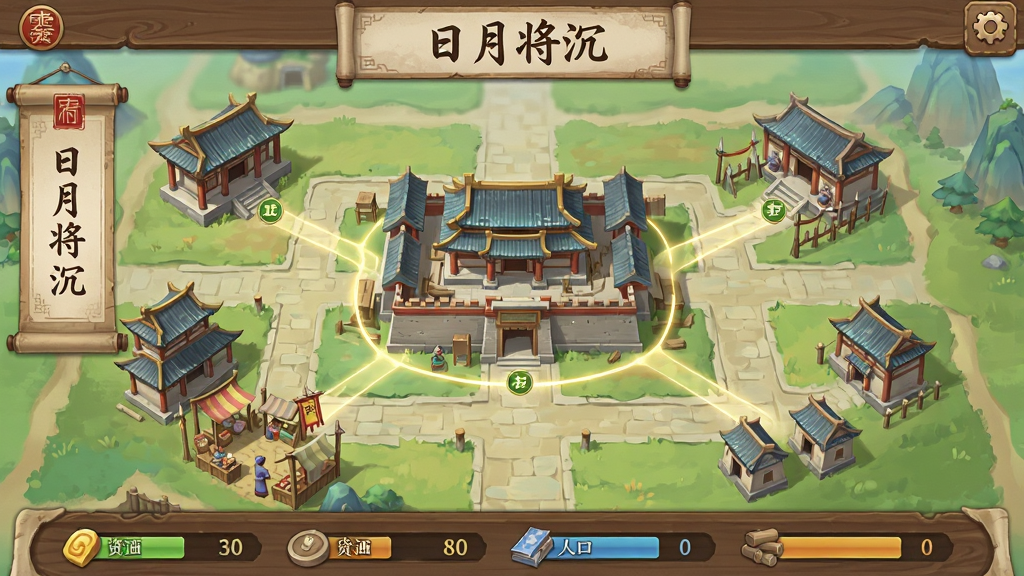 画面主体为古代城池建设界面,画面中央是一座正在扩建的府衙建筑,四周分布书院、市集、兵营等小型建筑,建筑之间有淡金色连线表示加成关系,画面下方为资源与人口数值条,整体布局为游戏内经营界面截图风格,风格为清新国风UI,细节包含木质边框、卷轴式面板、印章图标,画面上方书写“日月将沉”字样,画质干净清晰,无杂乱元素