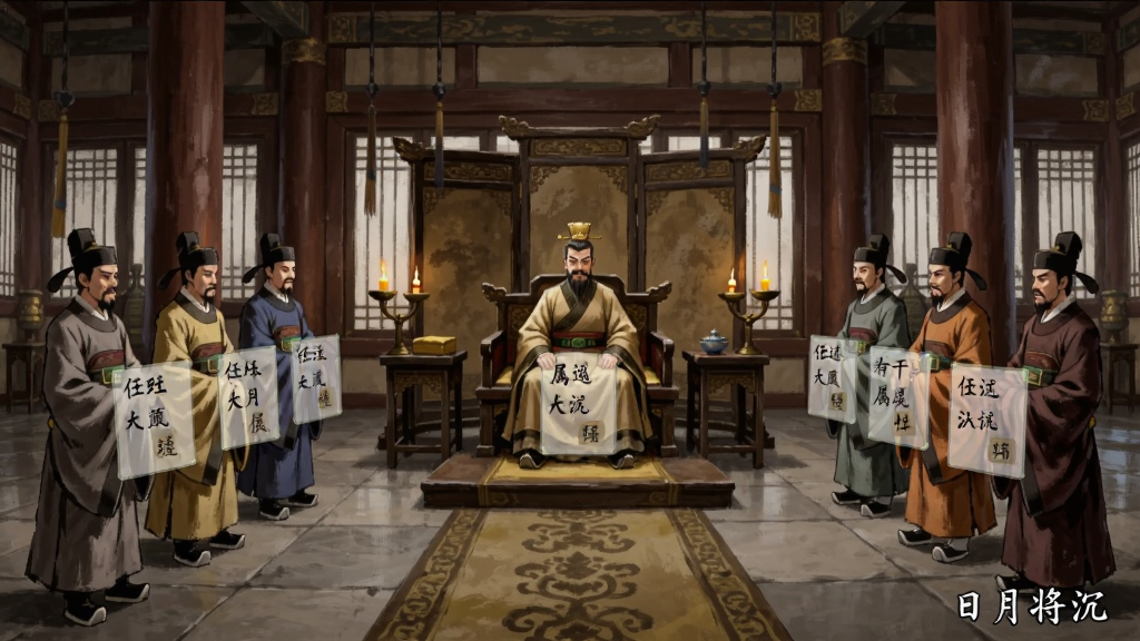 画面主体为古代朝堂议事场景,画面中央为一位端坐的主位者,两侧分列数位身着不同颜色朝服的官员,人物前方悬浮着任命与属性面板,画面布局为对称式构图,风格为写实国风插画,细节包含殿内立柱、屏风、烛台、地面纹样,画面右下角书写“日月将沉”小字,画质细腻,画面干净无多余装饰
