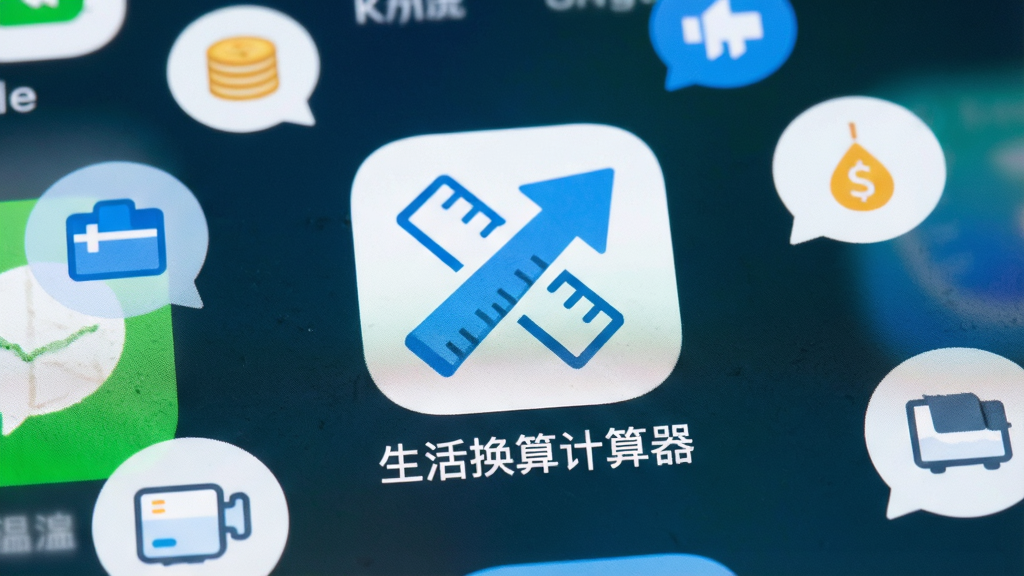 一张手机桌面特写,画面中央是「生活换算计算器」的应用图标,图标采用蓝白配色,带有尺子与箭头元素,图标下方显示中文名称,周围环绕着长度、重量、温度、汇率等小图标气泡,整体布局简洁,风格清新扁平化,细节清晰,画质干净,无多余元素