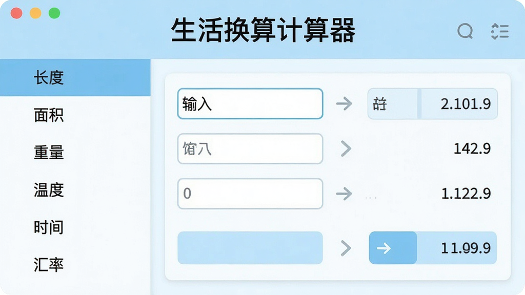 一张横向布局的软件界面截图风格插画,左侧为分类导航栏,列出长度、面积、重量、温度、时间、汇率等条目,右侧为换算面板,显示输入框与结果区域,顶部有「生活换算计算器」字样,界面配色以浅蓝和白色为主,风格清爽现代,细节清晰,画质干净