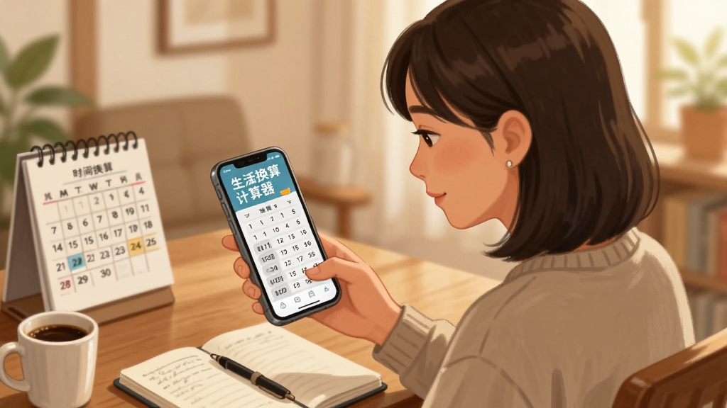 一张生活场景插画,画面中一位年轻女性坐在桌前使用手机,手机屏幕显示「生活换算计算器」的时间换算界面,桌面上放着日历、笔记本和一杯咖啡,背景为温馨的室内环境,风格温暖写实,细节丰富,画质干净,无多余元素