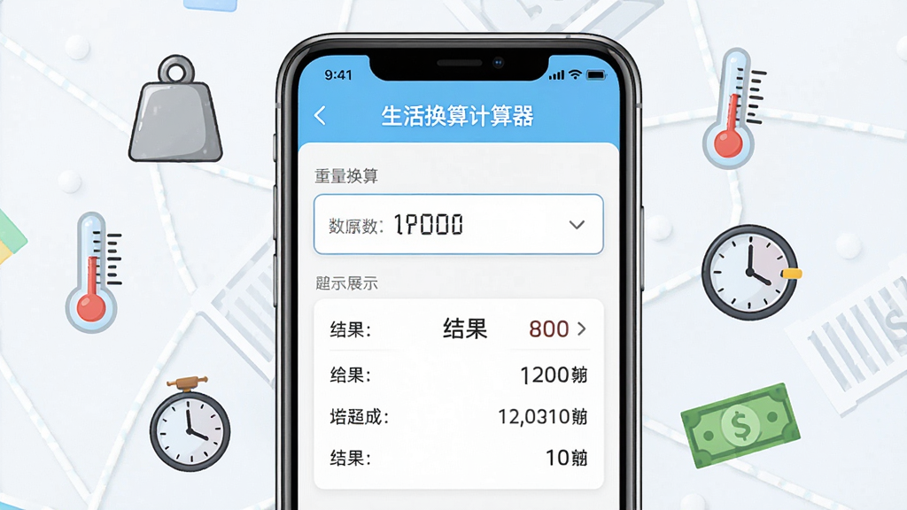 一张软件功能展示图,画面中央为手机屏幕,屏幕内显示「生活换算计算器」的重量换算页面,上方为输入数值框,下方为结果展示区,屏幕周围漂浮着砝码、温度计、时钟、纸币等小图标,整体布局均衡,风格简洁明快,细节清晰,画质干净