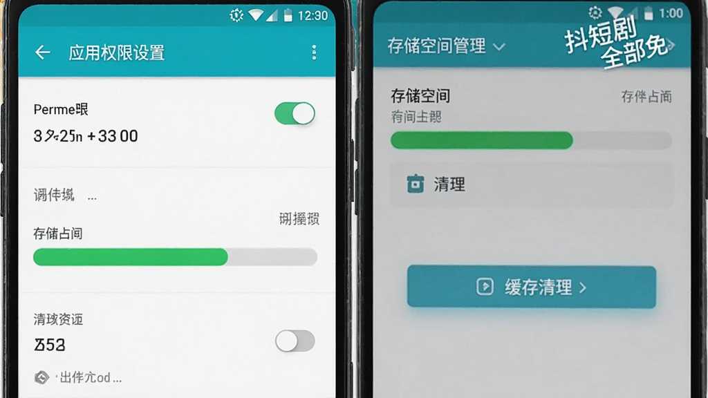 一部安卓手机屏幕显示应用权限设置页面,旁边有存储空间管理界面和缓存清理按钮,布局为左右分栏展示手机操作场景,风格为简洁教程图示风,细节包括权限开关、存储占用条、清理图标,画质清晰、干净、无多余元素,画面中带有“抖短剧全部免”使用场景字样
