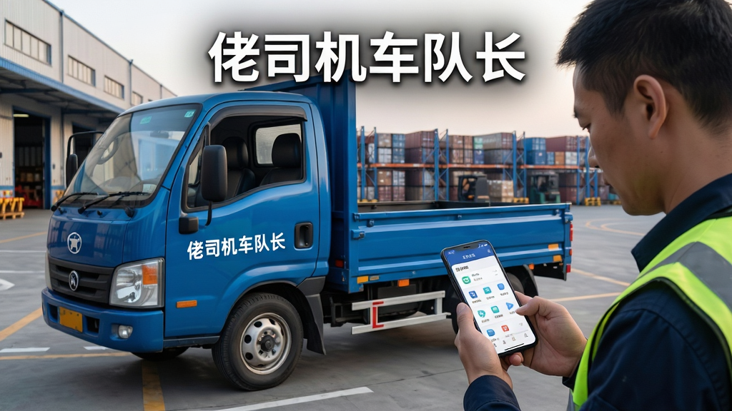 画面主体为一辆停靠在物流园区内的蓝色轻型货车,车身侧面印有“佬司机车队长”字样,驾驶室旁一位身穿反光背心的司机正低头查看手机,手机屏幕显示简洁的车队管理列表界面;布局采用三分法构图,货车位于画面左侧偏中,人物与手机位于右侧前景,背景为清晨的物流仓库与整齐排列的货架;排版上软件名称以白色粗体字置于画面顶部居中位置;风格为写实摄影风,光线柔和自然;细节包括货车轮胎纹理、地面标线、司机专注的神态以及手机界面上清晰的图标与文字;画质清晰锐利,画面干净整洁,无多余装饰元素。