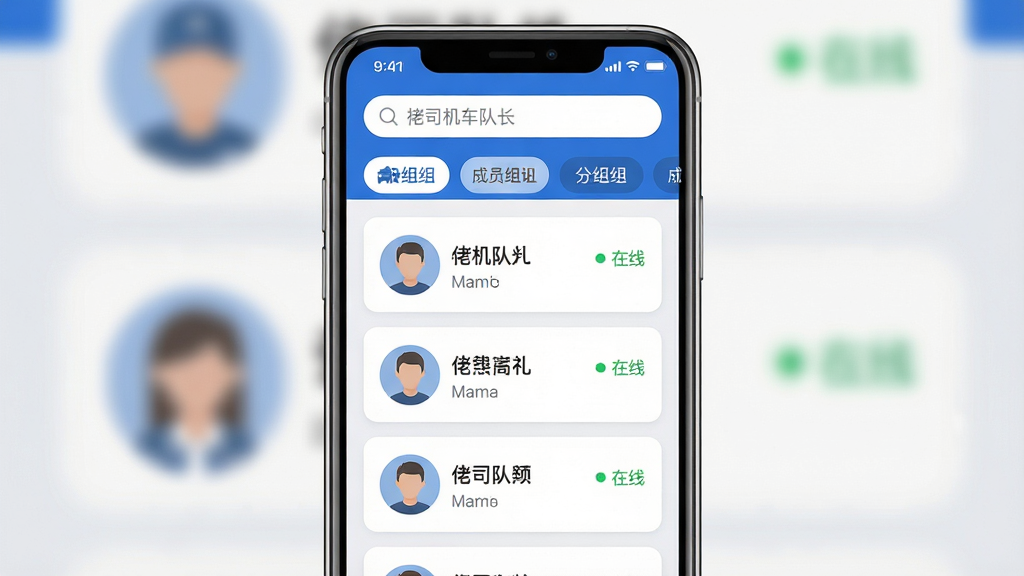 画面主体为一部竖屏智能手机,屏幕中央展示“佬司机车队长”的成员管理界面,界面上排列着多个带有头像与姓名的人员卡片,卡片右侧标注“在线”绿色圆点;布局采用中心对称构图,手机置于画面正中央,四周以浅灰色虚化背景衬托;排版上顶部为搜索框,下方为分组标签栏;风格为扁平化UI展示风,配色以蓝白为主;细节包括卡片圆角、图标线条、状态标签的清晰边缘;画质干净锐利,无杂乱背景元素。