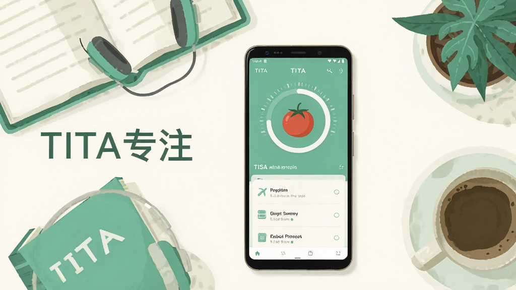 画面中央放置一部竖屏安卓手机,手机屏幕显示TITA专注应用主界面,界面包含圆形番茄计时器与任务列表,手机周围环绕书本、耳机、咖啡杯与绿植,整体采用俯视平铺构图,左侧留白放置软件名称文字