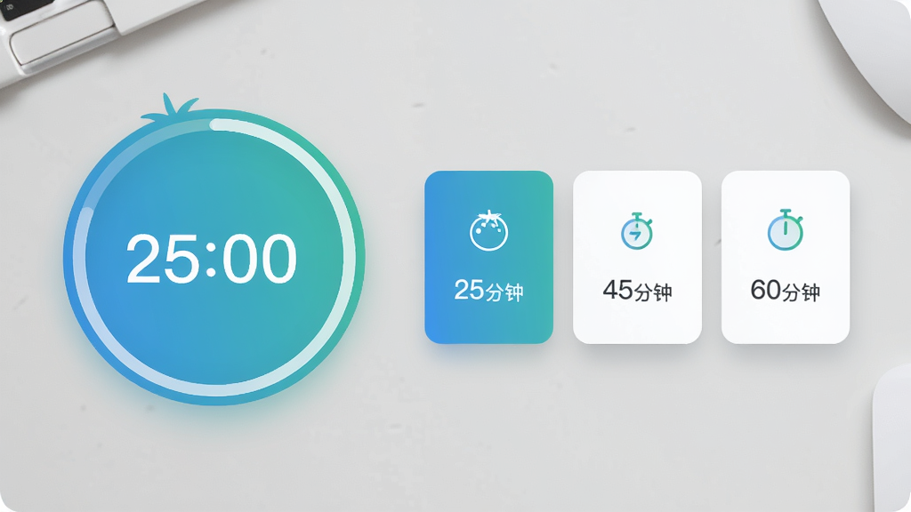 一张横向构图的界面示意图,左侧为番茄计时圆环,圆环内显示