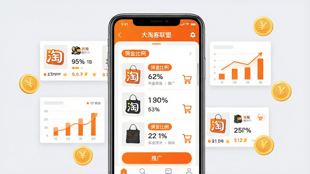 画面中央展示一部智能手机,屏幕上呈现“大淘客联盟”应用主界面,界面包含商品列表、佣金比例标签和推广按钮等元素;手机周围环绕淘宝商品卡片、数据图表和佣金金币图标,布局采用居中对称构图;风格为现代扁平化科技风,配色以橙色和白色为主,背景干净浅灰;细节包括商品缩略图、百分比数字、购物车图标;画质清晰锐利,干净无多余元素