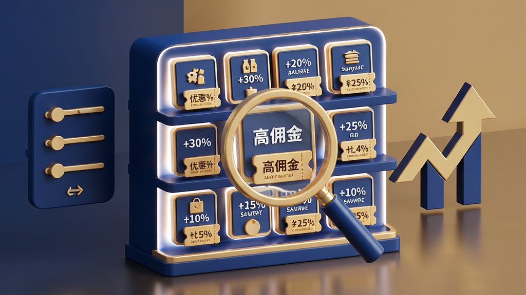 画面主体为一个发光的立体商品货架,货架上整齐排列各类商品卡片,每张卡片标注佣金比例数字;货架前方悬浮一个放大镜,聚焦在“高佣金”标签上;布局采用左中右三分式,货架居中,左侧为筛选滑块图标,右侧为数据上升箭头;风格为3D立体商务风,配色以深蓝和金色为主;细节包括商品分类图标、百分比数字、优惠券标签;画质高清,干净无多余元素