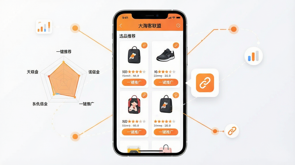 画面中央展示“大淘客联盟”应用界面中的选品推荐页面,页面内排列多个商品卡片,每张卡片带有“一键推广”按钮和佣金标签;界面右侧悬浮一个链接生成图标,左侧为智能推荐雷达图;布局为居中展示手机界面,周围环绕数据节点连线;风格为清新科技扁平风,配色以白色和橙色为主;细节包括推荐指数星级、推广按钮、链接图标;画质清晰,干净无多余元素