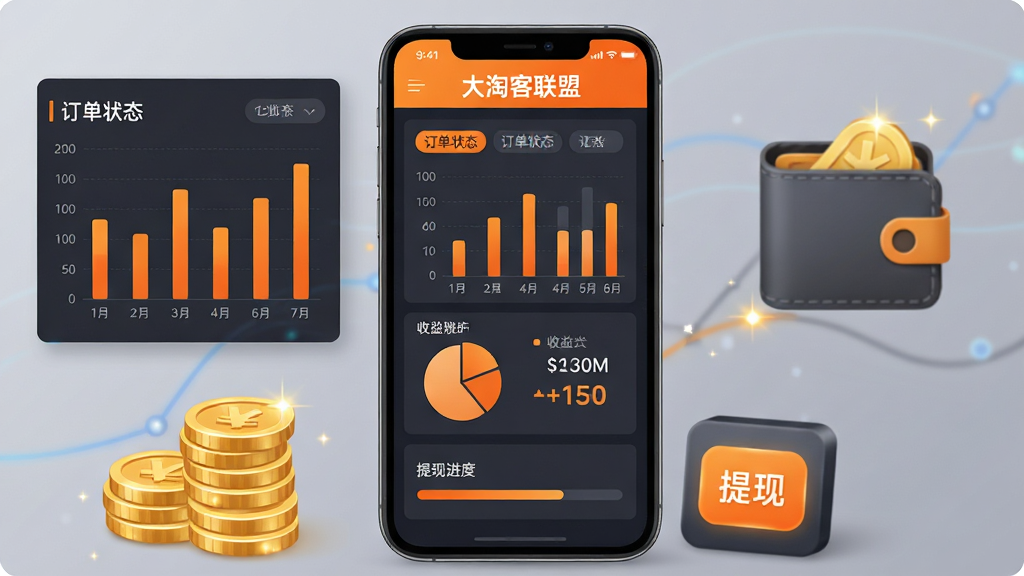 画面主体为一部手机屏幕显示“大淘客联盟”佣金统计仪表盘,仪表盘上有柱状图、饼图和收益数字;手机旁边放置金币堆叠图标和提现按钮图标;布局采用居中手机展示,左侧为数据图表元素,右侧为钱包图标;风格为现代金融科技风,配色以深灰和亮橙为主;细节包括订单状态标签、提现进度条、金币光泽;画质高清,干净无多余元素