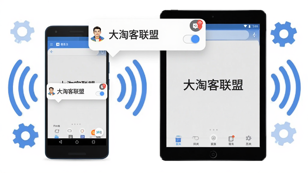 画面中央展示一部安卓手机和一台平板电脑并排摆放,两者屏幕均显示“大淘客联盟”应用界面,手机屏幕弹出消息通知气泡;设备周围环绕信号波纹图标和齿轮设置图标;布局为左右并列设备展示,上方悬浮通知气泡;风格为简约数码风,配色以浅灰和蓝色为主;细节包括通知角标、权限开关图标、信号波纹;画质清晰,干净无多余元素