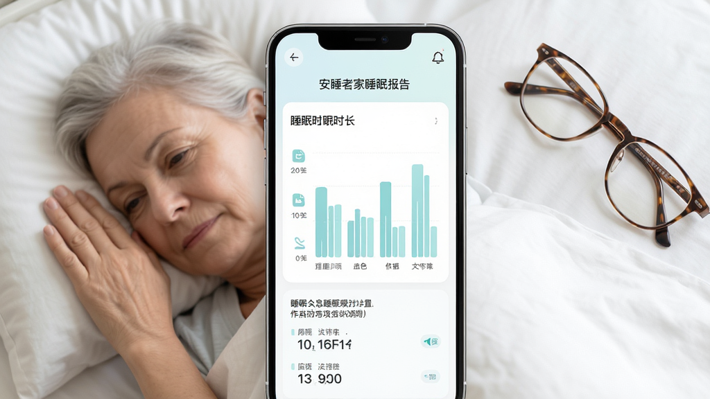 画面主体是安睡老人睡眠管家睡眠报告页面,显示一周睡眠时长柱状图与作息提醒设置项;布局为手机竖屏居中,旁边放置一副老花镜;排版图表清晰、文字大号;风格为清爽浅色UI展示图;细节包括柔和蓝绿色调、简洁图标、数据条形整齐;画质高清,干净,无多余元素