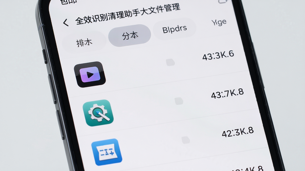 全效识别清理助手大文件管理界面,手机屏幕展示文件列表按大小排序,视频图标、安装包图标、压缩包图标依次排列,右侧显示文件体积数值,顶部有分类筛选标签,浅灰色背景配深色文字,简约商务风格,高清画质