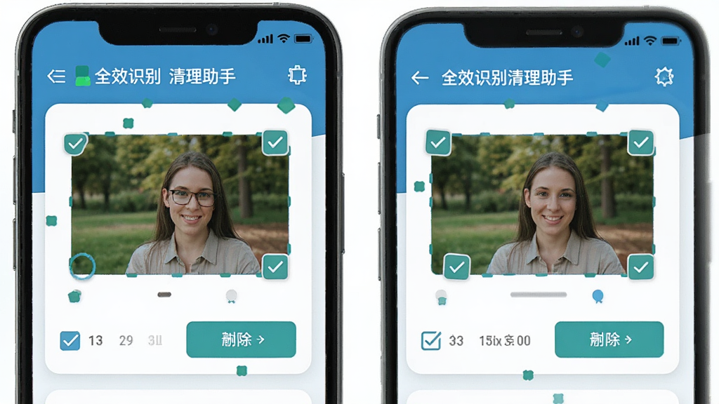 全效识别清理助手重复文件识别功能界面,手机屏幕显示两组相似照片被自动标记归类,界面中有勾选框与删除按钮,背景为白色卡片式布局,蓝绿色调点缀,扁平化UI风格,画面简洁清晰,高清画质