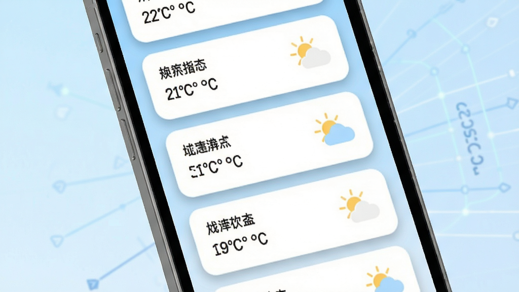 一幅展示云朵天气多城市管理功能的界面图,画面为手机屏幕内呈现多个城市天气卡片纵向排列,每张卡片显示城市名称、温度与天气图标,卡片设计为圆角矩形并带有轻微投影,背景为淡蓝色渐变,风格整齐清爽,细节上突出卡片排版的秩序感与图标的一致性,画质高清,画面无多余装饰