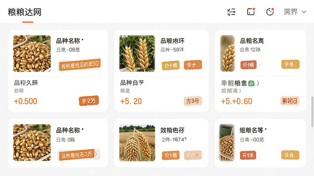 粮达网应用内粮食交易列表页面,屏幕上显示多条粮食出售信息卡片,包含品种名称和价格标签,界面排版整齐清爽,风格现代简约,画质清晰,无杂乱元素