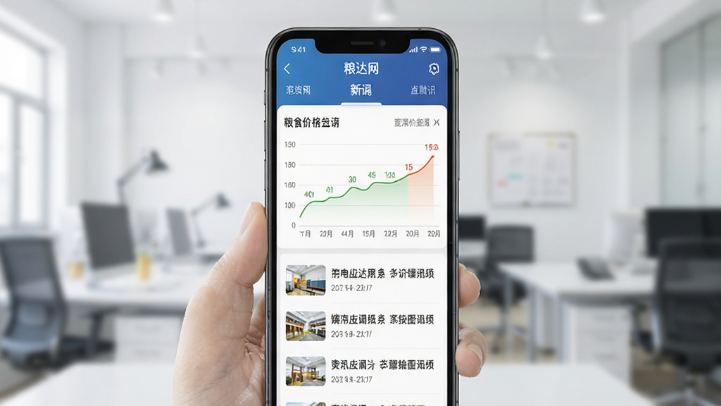 粮达网应用内行情资讯页面,屏幕展示粮食价格走势图表和新闻资讯列表,背景干净整洁,风格商务简洁,画质清晰锐利,无多余装饰元素
