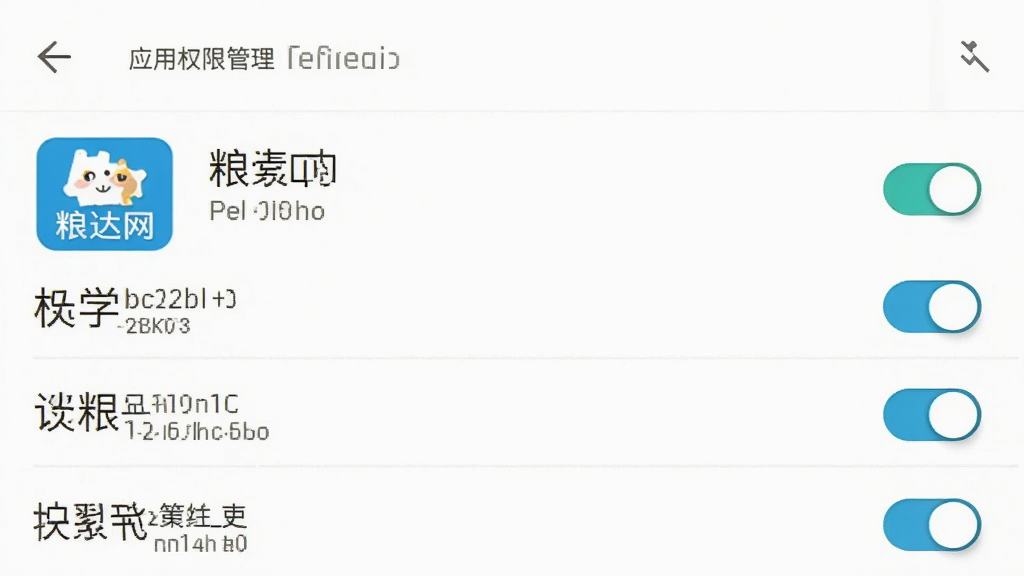 安卓手机设置界面中应用权限管理页面,展示粮达网应用的权限开关列表,界面干净整洁,风格简约实用,画质清晰,无多余元素