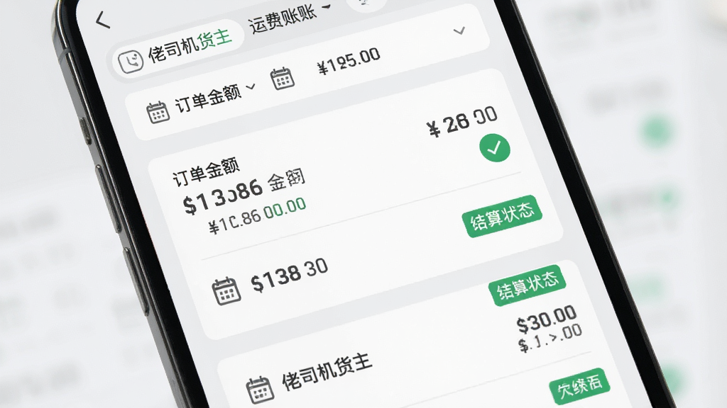 主体为手机屏幕展示运费账单页面,页面中有订单金额列表与结算状态标签;布局为纵向卡片流,顶部有筛选栏;排版清爽,数字突出;风格为扁平化财务界面风,浅灰背景配绿色确认标识;细节包含金额数字、日历图标、对勾符号;画质高清干净,无多余元素,图片中文字为“佬司机货主”