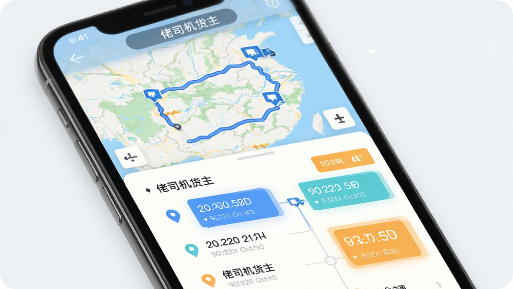 主体为手机屏幕展示佬司机货主订单跟踪页面,页面中有地图轨迹与节点时间轴;布局为上下结构,上方地图下方状态列表;排版清晰,重点信息用色块突出;风格为移动应用界面展示风,浅色背景配蓝色轨迹线;细节包含定位图标、时间戳、货车标记;画质高清干净,无多余元素,图片中文字为“佬司机货主”
