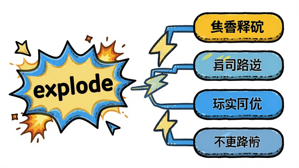 主体为一张横向构图的单词爆炸功能展示图,画面左侧为英文单词卡片「explode」,右侧为四个中文释义选项按钮,中间以闪电形状的连接线串联;布局左右对称,排版居中;风格为轻量卡通插画风,配色明快,以黄色和蓝色为主;细节包含卡片边缘的爆炸小特效与星星点缀;画质清晰,干净,无多余元素