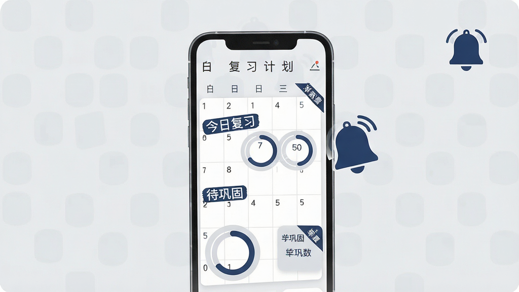主体为单词爆炸复习提醒界面示意图,画面中央为一部手机,屏幕内显示日历式复习计划表,标注「今日复习」「待巩固」等标签,手机旁配有一个铃铛图标;布局为手机居中、图标居右上;风格为简约商务风,配色以浅灰与深蓝为主;细节包含进度环形图与单词数量角标;画质清晰,干净,无多余元素