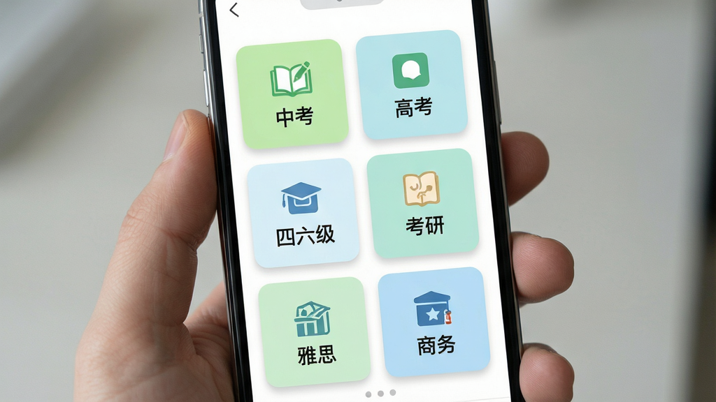 主体为单词爆炸词库选择页面展示图,画面为一部手机屏幕,屏幕内以网格卡片形式排列「中考」「高考」「四六级」「考研」「雅思」「商务」等词库入口,每张卡片配有对应图标;布局为三列网格排版;风格为清新浅色UI风,配色以白底配浅绿与浅蓝卡片;细节包含卡片圆角与轻投影;画质清晰,干净,无多余元素