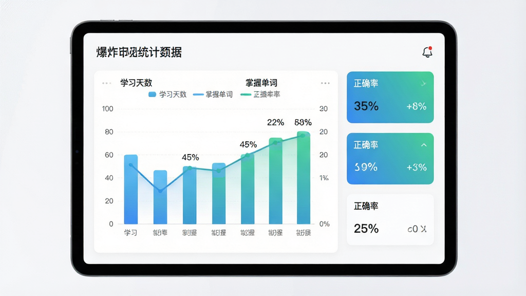 主体为单词爆炸学习数据统计页面,画面为一部横屏平板设备,屏幕内展示柱状图与折线图组合的数据面板,标注「学习天数」「掌握单词」「正确率」等指标;布局为图表居左、数据卡片居右;风格为清爽素雅数据可视化风,配色以白色背景配蓝绿渐变图表;细节包含图例标签与百分比数字;画质清晰,干净,无多余元素