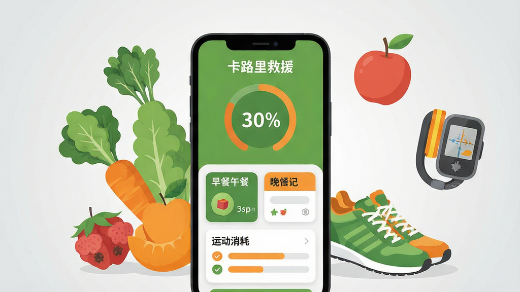 画面中央放置一部智能手机,手机屏幕上显示“卡路里救援”应用主界面,界面包含环形热量进度条、早餐午餐晚餐记录卡片和运动消耗条目,手机周围环绕新鲜蔬菜、水果、运动鞋和计步器元素,整体采用扁平化插画风格,色调以清新绿和暖橙为主,背景为浅灰渐变,布局简洁居中,细节清晰,画质干净,无多余元素