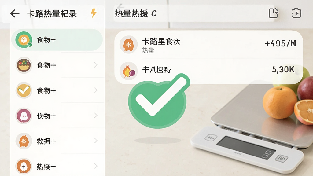 画面主体为“卡路里救援”应用中的食物热量记录界面,左侧为食物分类图标列表,右侧为已添加食物条目和热量数值,界面中央有醒目的绿色对勾标识,背景为浅色厨房台面,旁边摆放电子秤和水果,整体风格为清爽扁平化UI展示图,构图左右分栏,文字清晰,画质干净,无多余装饰