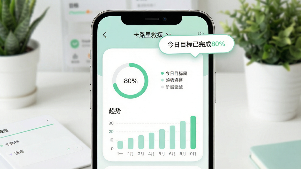 画面展示“卡路里救援”应用的目标设置与趋势页面,手机屏幕中央为环形目标进度图和一周柱状趋势图,屏幕上方有提醒气泡文字“今日目标已完成80%”,背景为简洁桌面与绿植,整体采用柔和圆角卡片风格,色调清新淡雅,布局上下分层,细节清晰,画质干净,无多余元素