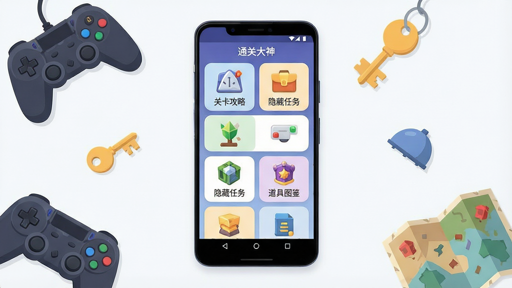 一张展示手机游戏通关辅助工具主界面的图片,画面中央是一部竖屏安卓手机,屏幕上排列着“通关大神”软件的分类卡片,包含关卡攻略、隐藏任务、道具图鉴等入口,手机周围散落着游戏手柄、钥匙、地图碎片等小元素,整体布局为居中构图,风格清爽扁平化,细节上突出卡片圆角和图标识别度,画质清晰,干净无多余元素