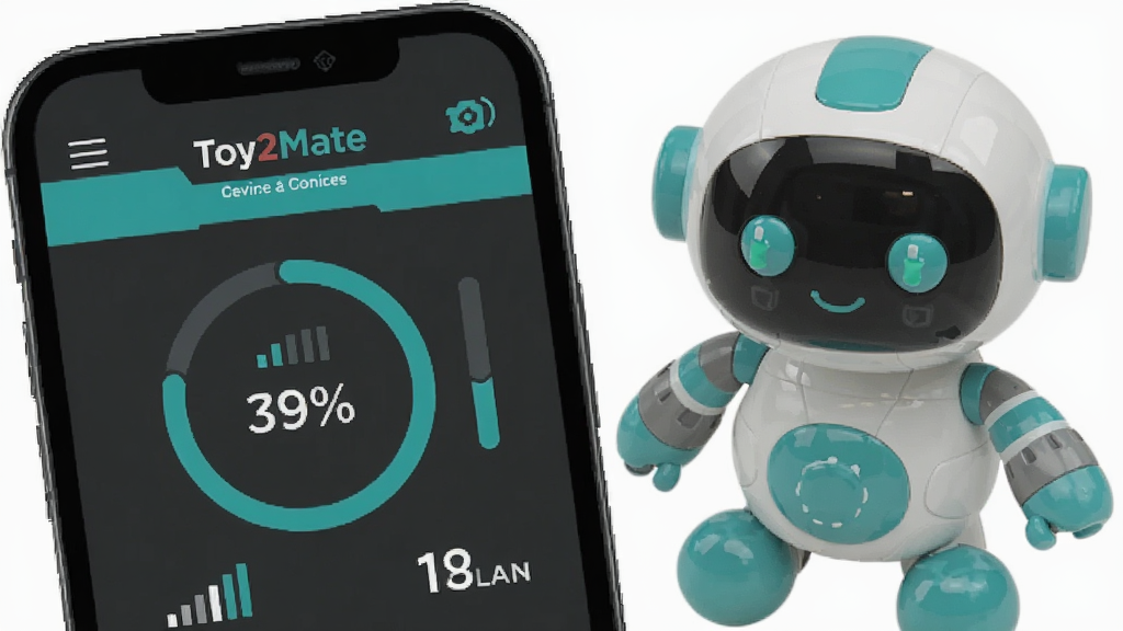 一张 Toy2Mate 设备状态页面截图风格图片,屏幕上方显示设备名称和连接图标,下方有电量百分比圆环、信号强度条和使用时长数字,界面配色为深灰与青绿搭配,手机旁边放置一个智能玩具,背景简洁,光线均匀,画质清晰,无杂乱元素